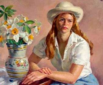 Appreciating antique pottery (painting by KLEIN Sandor C. - American 1912-1995)